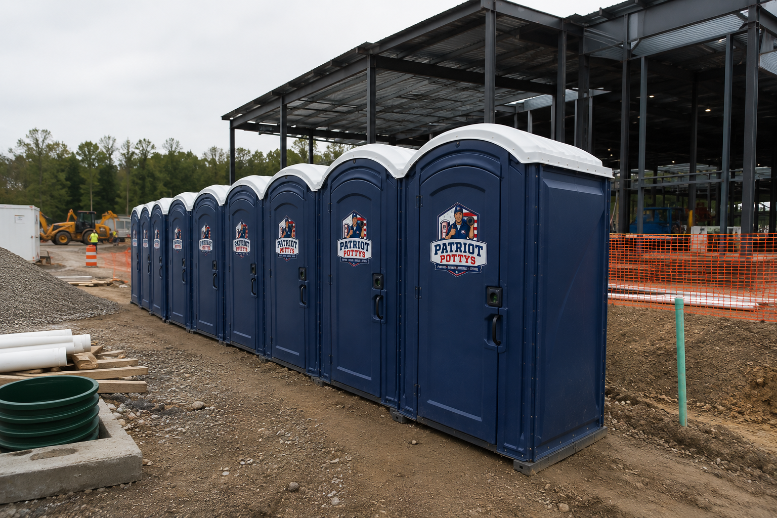 Row of Patriot Pottys restrooms lined up at a commercial construction site
