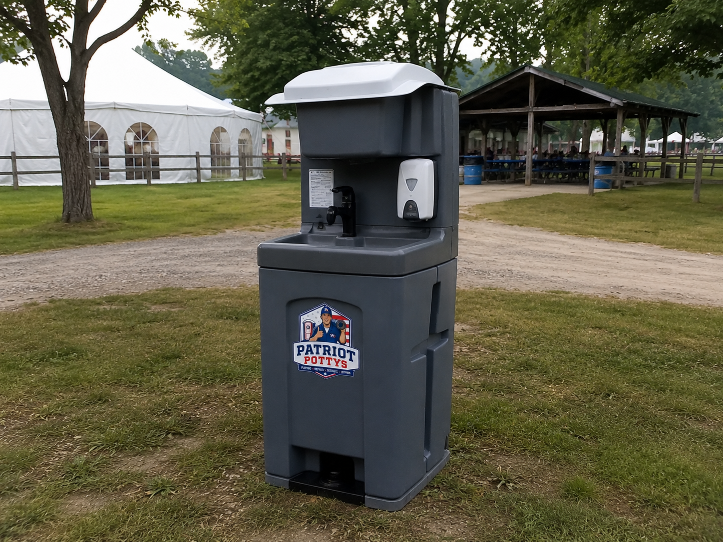 Patriot Pottys portable handwashing station with soap dispenser