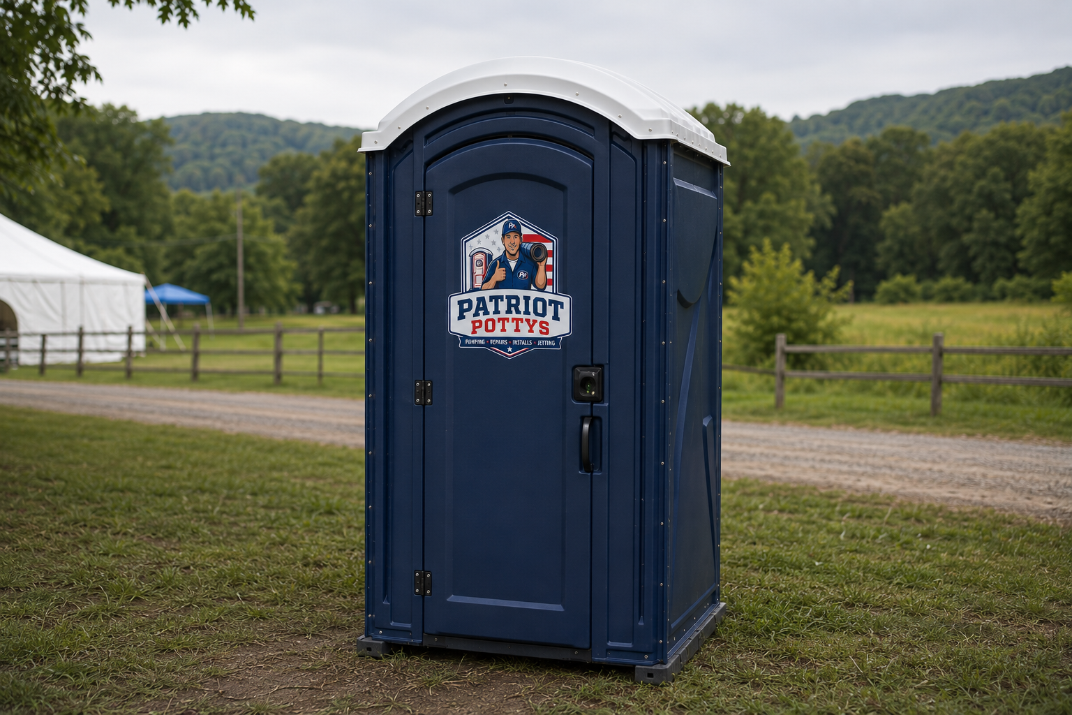 Patriot Pottys standard portable restroom set up at an outdoor event